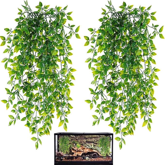 HERCOCCI Reptile Plants, 2 Pack Terrarium Hanging Plants Vines Artificial Leaves Habitat Decorations with Suction Cup for Bearded Dragon Hermit Crab Lizard Snake Geckos Chameleon