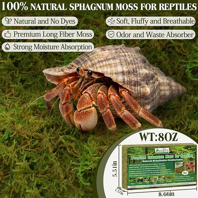 ZeeDix 8 oz Sphagnum Moss for Reptiles,12 qt Natural Hermit Crabs Moss Reptile Bedding Terrarium Substrate for Leopard Gecko Tortoise Lizard Ball Python Snakes Hermit Crab Habitat