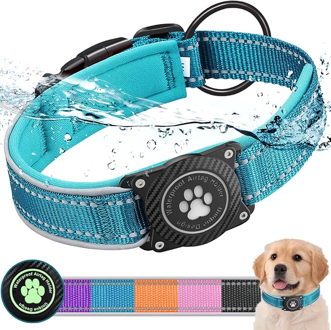 Airtag Dog Collar with Waterproof Air Tag Holder, Luminous Reflective, Soft Padded, Adjustable Nylon Pet Collar for Small Medium Large Heavy Duty Dogs,Blue, M