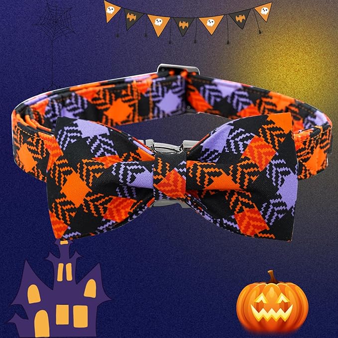 Halloween Dog Collar, Pet Collar Bow Plaid Dog Collars Girl Boy Holiday Pet Collar Gift Bow Collar Cute Soft Puppy Collar for X-Small Puppy