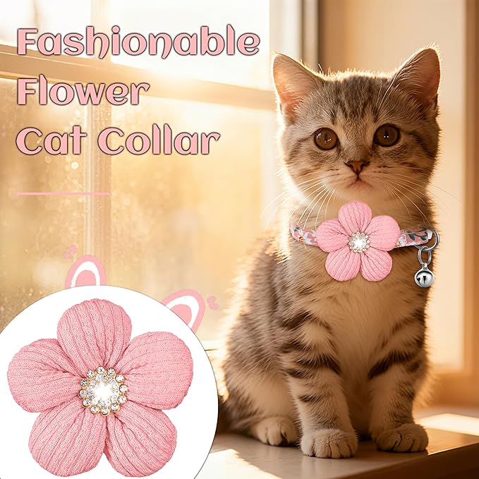 Cat Collar, HYQHYX Breakaway Kitten Collar with Flower,Rhinestone Kitty Collar with Bell, Floral Pet Collar with Safety Buckle for Cats and Puppy Dog (Pink + Purple)