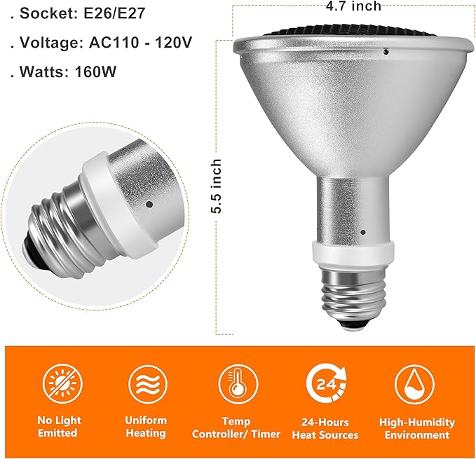 Deep Heat Projector - DHP 160W Infrared Reptile Heat Lamp Bulbs for Turtle Light Bearded Dragon Chicken Lizard Leopard Gecko Snake