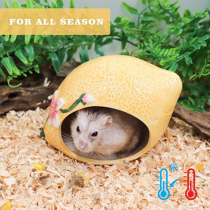 Hamster Houses and Hideouts, Ceramic Lemon Shape Hamster Hide, Small Animal Habitat Decor, Cage Accessories for Hamster, Gerbil, Gecko, Rat and Other Small Animals