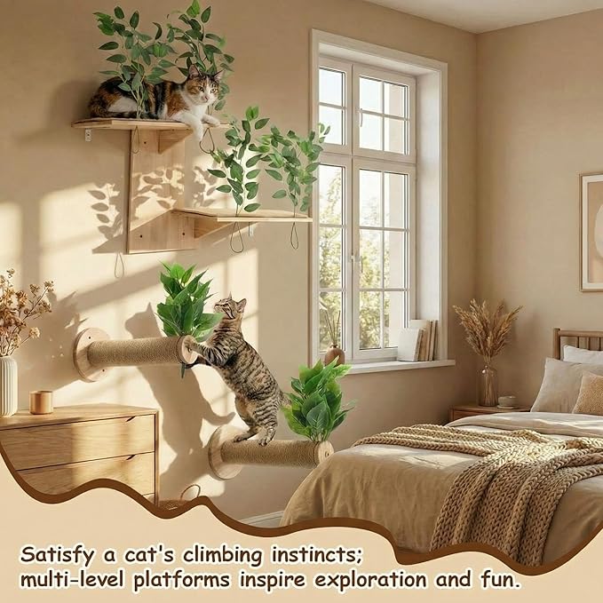 Novabright 3 Pcs Cat Wall Shelves Set, Double-Layer Platform Cat Wall Furniture & 2 Wood Scratching Steps, Wall-Mounted Space-Saving Climbing System for Indoor Kitty, Easy Install