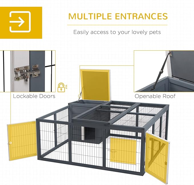 PawHut Rabbit Hutch Bunny Cage with Openable Main House, Indoor Outdoor Waterproof Rabbit House, Guinea Pig Cage for Rabbits, Chickens, Ducks, Small Animals with Three Ventilation Doors, Gray