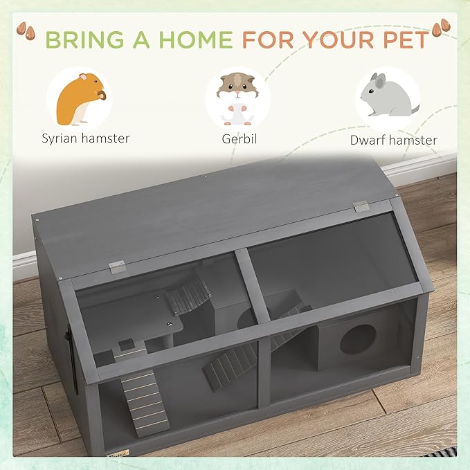 PawHut Wooden Hamster Cage, Hamster Habitat, Small Animal Cage Playhouse for Gerbils Mice with Suspension Bridge, Ladders, Openable Top, Hut, 33.5" x 18" x 17"