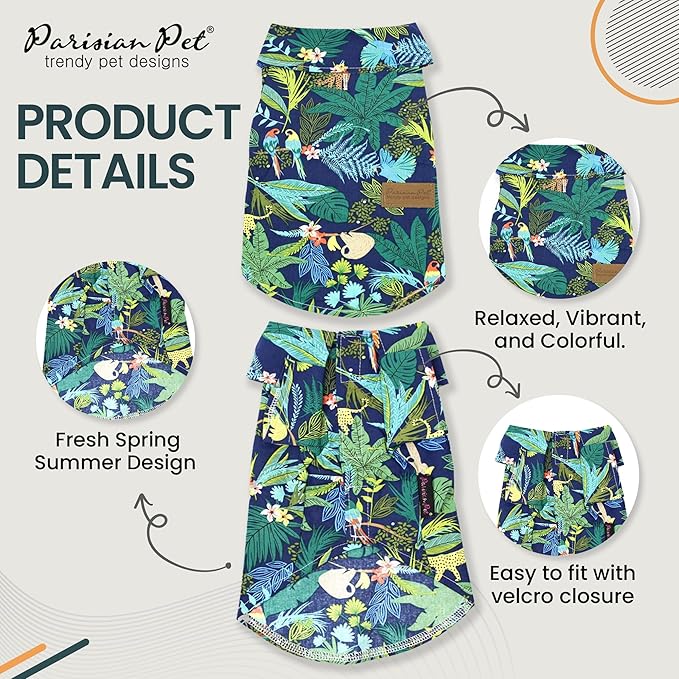 Parisian Pet Unisex Amazonia Shirt - Leafy Beach Outfit for Dogs - Cotton Summer Clothes - Stylish Hook and Loop Closure Costume - Machine Washable Shirts for Small Dogs - XS