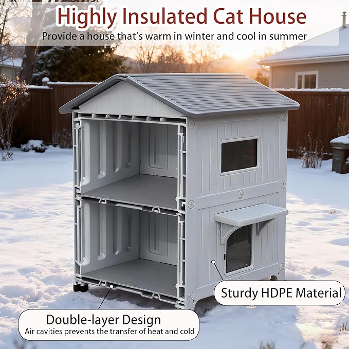 Rockever Plastic Outdoor Cat House with Insulated Liner, 100% Insulated Outdoor Cat Houses for Winter, Waterproof 2 Story Outside Cat Shelter, Clean and Assemble Easily-Grey