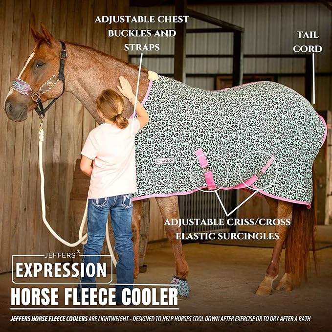 Jeffers Expression Fleece Cooler for Horses, Standard Neck, Party Cheetah 78"- Equine Towel Blanket, Moisture Absorbent, Light Weight, Best for Drying, Exercise, Bathing, Adjustable Belly Bands