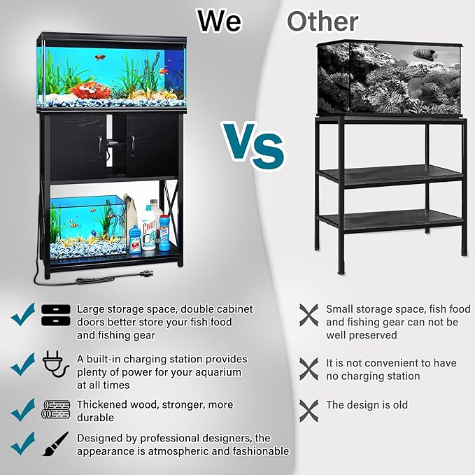 TC-HOMENY 10-29 Gallon Aquarium Stand with Charging Station and Cable Holes, Metal Fish Tank Stand with Storage Cabinet, 29" L x 16.5" W Tabletop, 880LBS Capacity
