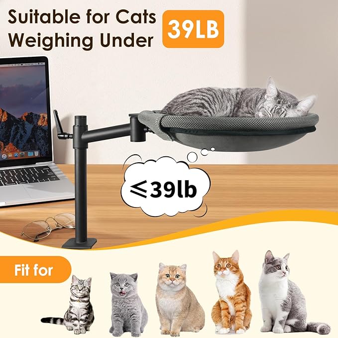 Cat Desk Bed, 360° Rotating & Height Adjustable Desk Cat Nest, Elevated Breathable Cats Bed for Desk with Removable Washable Cover for Indoor Kitten Cats-Maximum Hold Up to 40lb