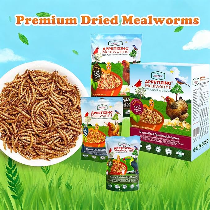 Amzey Dried Mealworms 2 LB, 100% Natural Meal Worms for Chicken & Birds, Organic Chicken Feed for Laying Hens, High Protein and Nutrition, Zipped Bag