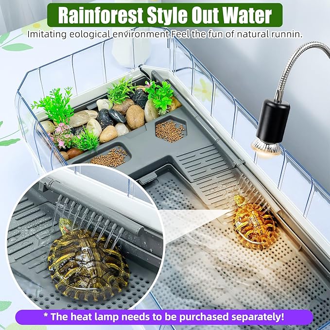 Turtle Habitat Spacious Turtle Tank Kit with Rain Shower Filter SPA & Easy Drain - Perfect for Baby Turtles, Red Eared Sliders Tortoises White, 25.6×9.4×13 Inch