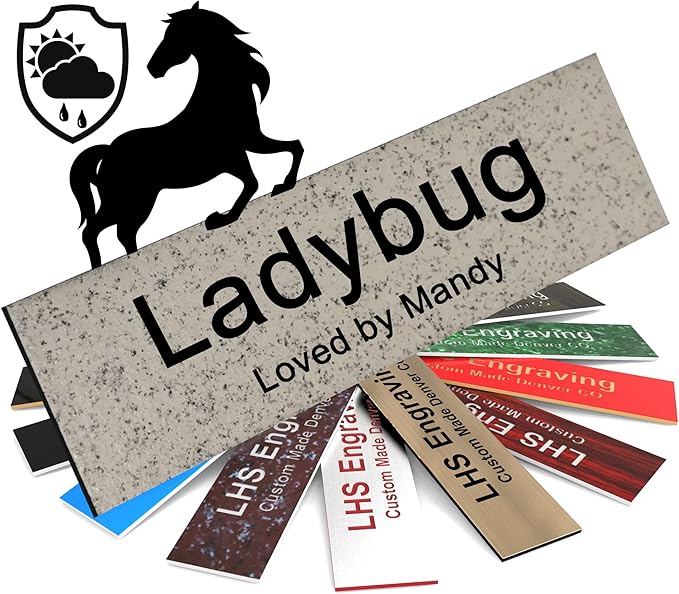 Personalized Horse Stall Name Plates, 2x6 Horse Stall Signs with Adhesive, All Weather UV Protected, Stone Granite Pattern Plastic Black Letters - Made in USA - S3