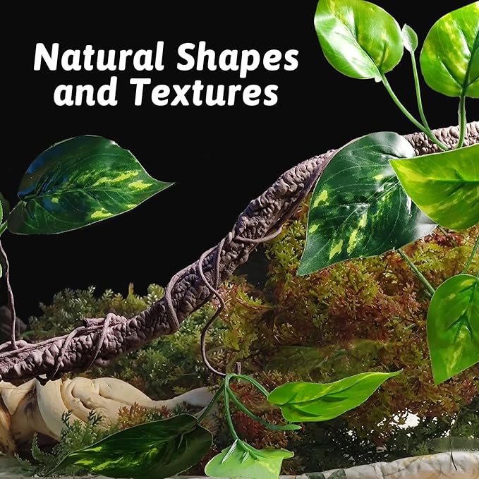 VCEPJH Reptile Climbing Branch Decor 2 Pcs Bendable Jungle Vine with Suction Cup Terrarium Plant Decoration for Gecko Bearded Dragons, Snake,Frogs, Chameleons Cage Accessories (S)