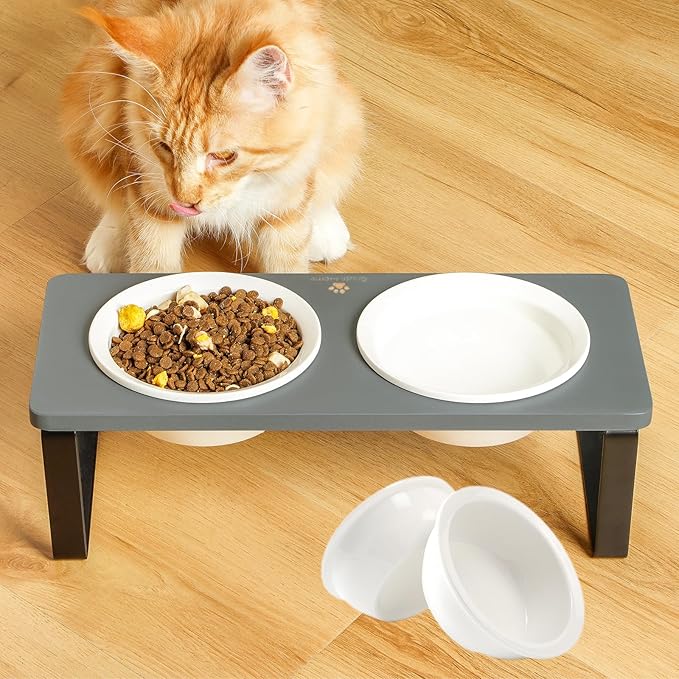 Sunhoo Elevated Cat Bowls for Indoor Cats Ceramic Kitty Dish Food Water Raised Tilted Puppy Feeding Sation with 4 Dishes Wooden Stand Pet Feeder Metal Legs Orthopedic ReducesVomiting（Grey）