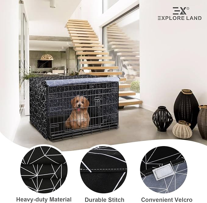 Explore Land Pattern Dog Crate Cover for 48 Inches Wire Cage, Heavy-Duty Polyester 1 2 3 Doors Standard Metal Pet Kennel Enclosure (Brief Polygonal)
