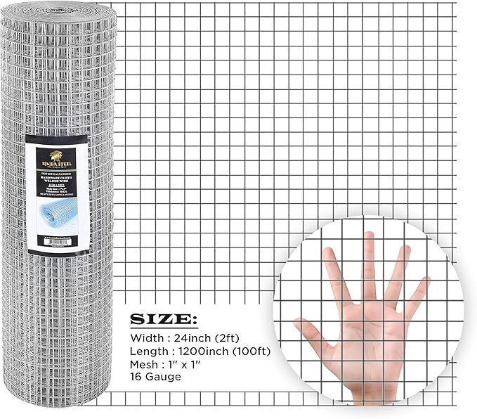 24” x 100 FT Hardware Cloth 1 inch Mesh 16 Gauge, Hot Dip Galvanised Wire Mesh, Rust Proof, Welded Cage Wire Rolls for Garden, Fence, Chicken, Rabbit, Pet Enclosures 24 x 100 (1 x 1)