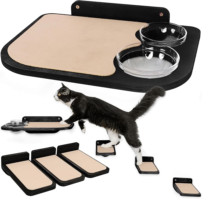 INICIO Cat Shelves – Dog Proof Feeding Station with Wall Mounted Shelves, 3 Steps for wall with Floating Shelf for Cats Up to 15lbs, Includes Cat Food Bowls for Convenient Feeding – Black