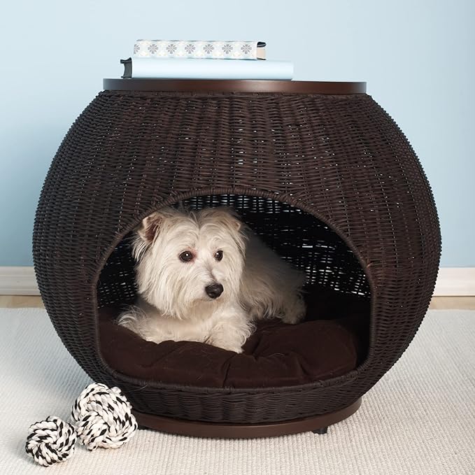 The Refined Canine Igloo Indoor Dog Bed & Cat Bed in Espresso, Multipurpose Pet Bed with Table Top, Claw-Proof Faux Rattan is Easy to Clean, Includes Washable & Replaceable Covered Cushion