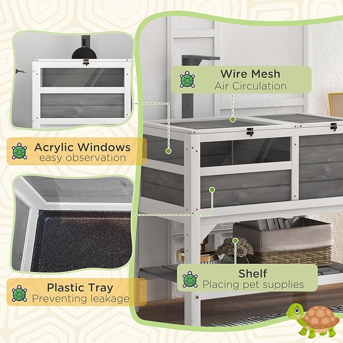 PawHut Tortoise Habitat with Shelf Storage, Tortoise Enclosure with Weather Protection, Reptile Enclosure with Tray, Light Support Frame, Light Gray