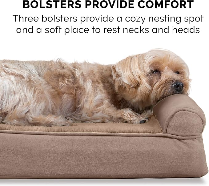 Furhaven Cooling Gel Dog Bed for Large Dogs w/ Removable Bolsters & Washable Cover, For Dogs Up to 125 lbs - Plush & Suede Sofa - Almondine, Jumbo Plus/XXL