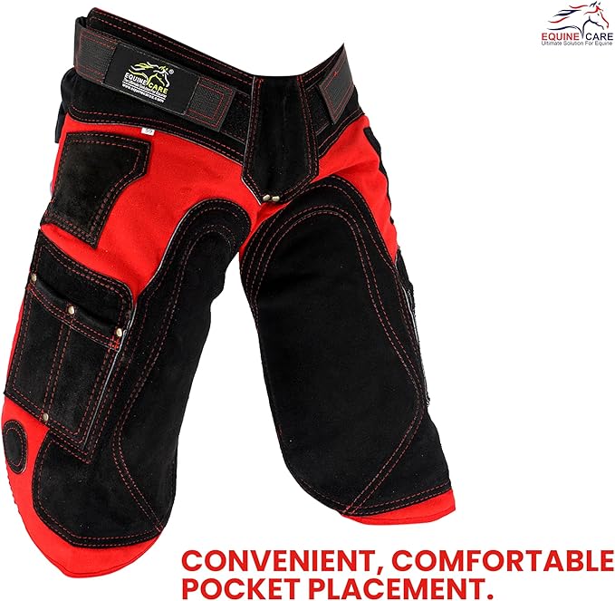 Equine Care Farrier Apron Chaps 2mm Cowhide Leather, 500 GSM Canvas, Air-Mesh, 25" Length, Adjustable Waist (28"-52"), Ergonomic Foam-Padded Thigh & Back Support, 4 Knife Pockets, 2 Nail Magnets.