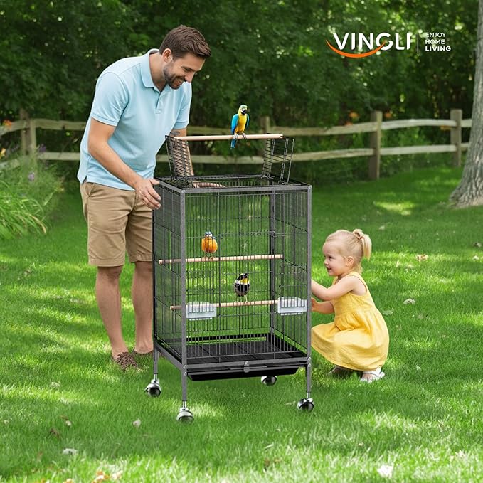 VINGLI Bird Cage with Wheels, 38-Inch Open Top Wrought Iron Bird Cage, Rolling Parakeet Cage for Cockatiels Lovebird Finches Canaries