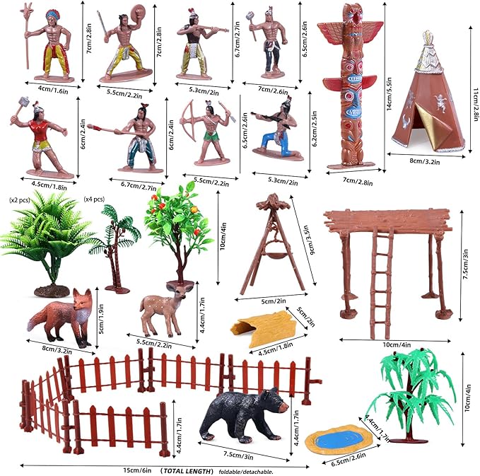 31Pcs Native American Village Playset, Assorted Indigenous People Figures with Tepee, Totem Pole, Fence, Trees, Animals, Tribal Cultural History Educational School Project Toys for Kids