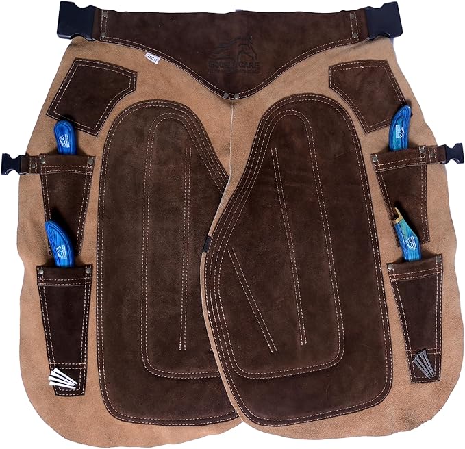 Equine Care Farrier Apron Chaps – Cowhide Suede Leather, Foam Padded Thigh and Back Support, Adjustable Waist, Tool Pockets, Magnetic Nail Holders (25 inches (65 cm))