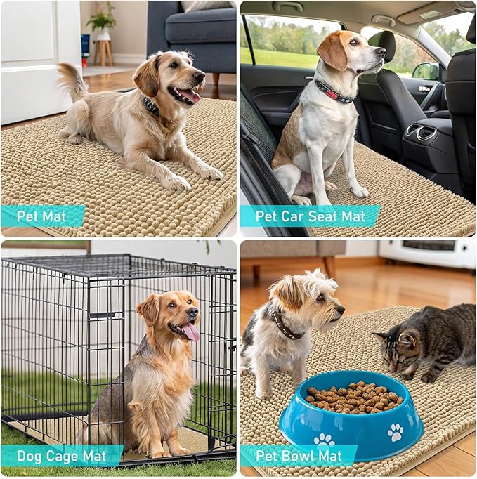 OLANLY Dog Door Mat Set 2-Piece 30x20, Absorbs Moisture and Dirt, Absorbent Non-Slip Washable Doormat, Quick Dry Chenille Mud Mat for Dogs, Entry Indoor Entryway Carpet for Inside Floor, Beige