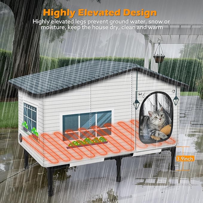 GASUR Weatherproof Heated Cat House for Outdoor Cats, Insulated Heating Cat House with Heated Pad for Winter, Elevated Heat Cat Shelter Waterproof Safe Feral Outside Pet House for Cats(20"x17"x16")