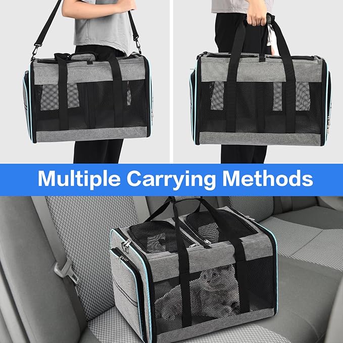 Portable 2-in-1 Pet Carrier,Double Compartment Cat & Dog Carrier for 2 Cats,Expandable Medium Dogs Large Cat Carrier with Sturdy Base,Breathable,Good for Traveling Walking Camping（Blue）