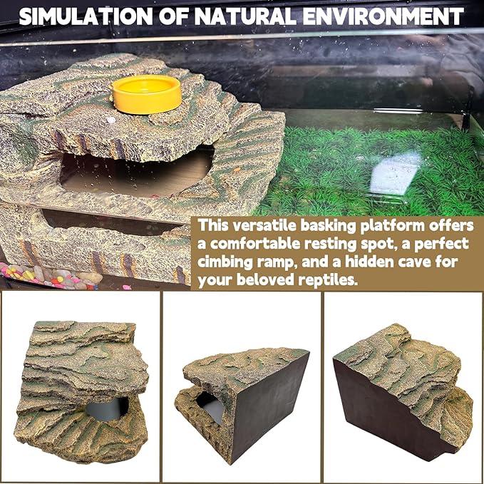 kathson Turtles Basking Platform, Reptile Cave Hideout,Tortoise Resting Terrace with Climbing Ramp,Turtle Resin Dock Tank Accessories Decor for Amphibians, Lizard, Gecko, Frog, Salamander,Extra Large