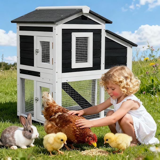 Chicken Coop Bunny Cage Outdoor with Waterproof Roof, Wooden Rabbit Hutch Poultry Cage with Nesting Box, Indoor Hen House Chicken Cage with Ramp for Garden Backyard