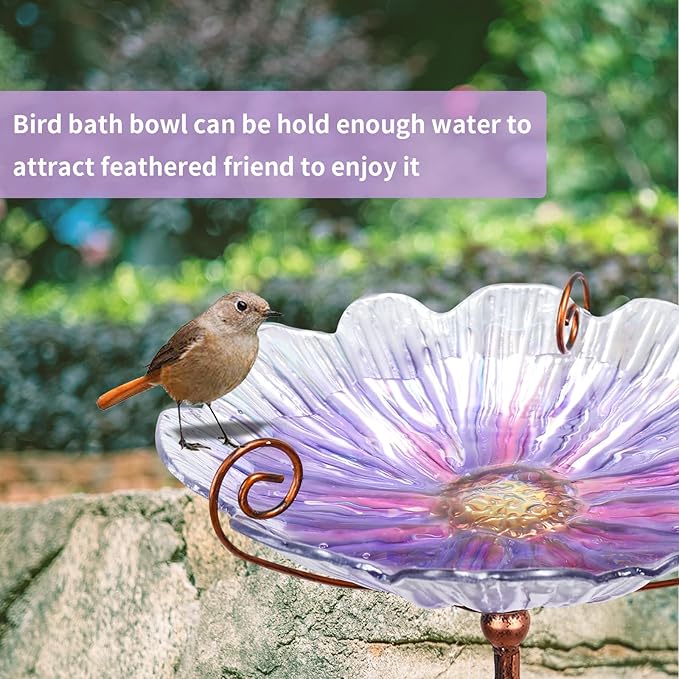 MUMTOP 31 Inch Height Glass Birdbath Birdfeeder with Metal Stake Garden Yard Outdoor Purple