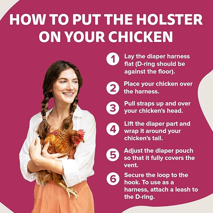 Hen Holster Bird Diaper, Wrap Around - for Hens, Roosters, Ducks, Leak-Proof Design, Comfortable Fleece Strap Bird Harness with Sewn-in Liner, Secure Hook and Loop Closure - Large, Pink