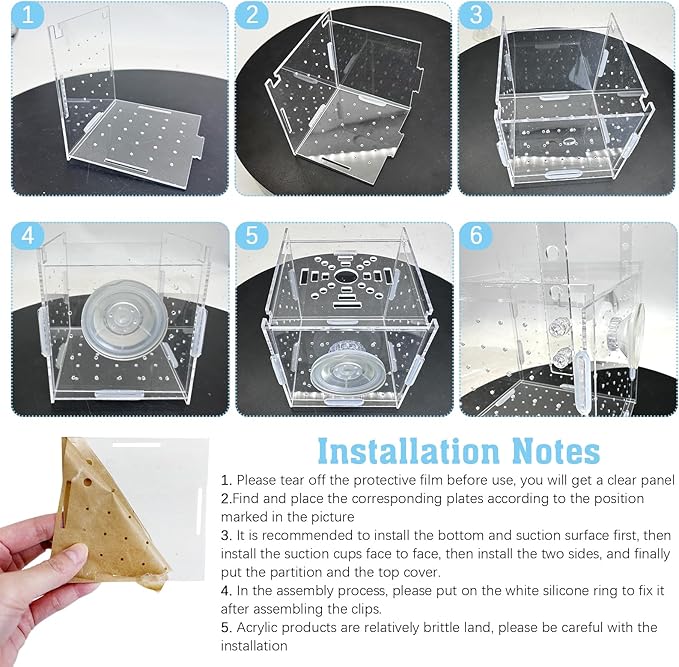 Hamiledyi Acrylic Breeding Isolation Box - Transparent Aquarium Hatchery for Guppy/Shrimp/Small Fish, Safe Nursery Tank with Air Tube & Suction Cups(5.9" × 5.9" × 5.9")