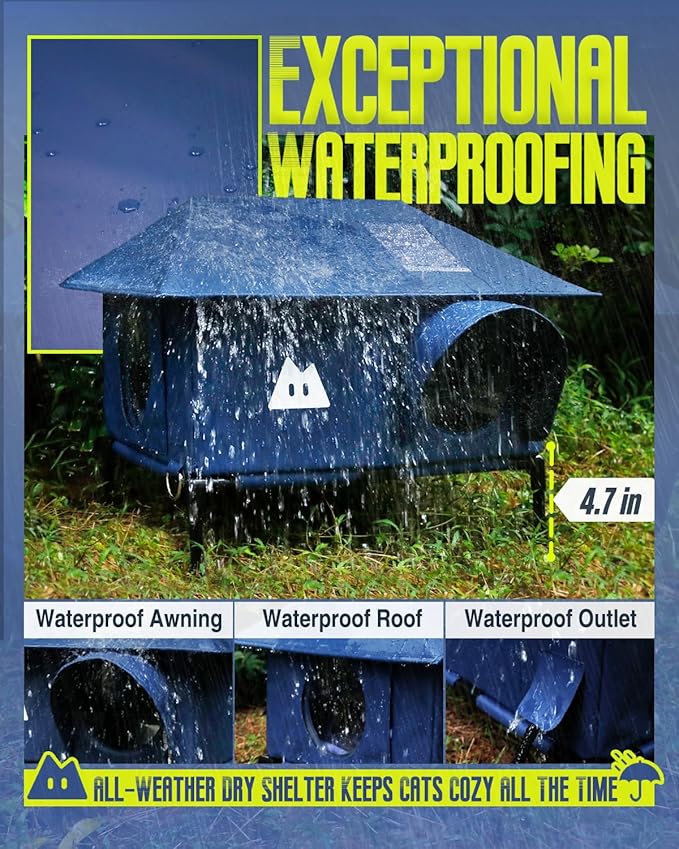Heated Cat House for Outside Cats Winter, Large Hip Roof 100% Waterproof Outdoor Cat House, Elevated Base, Weatherproof Insulated Shelter for Stray Feral Barn Cat (Dark Blue, 20" Lx16 Wx14 H)