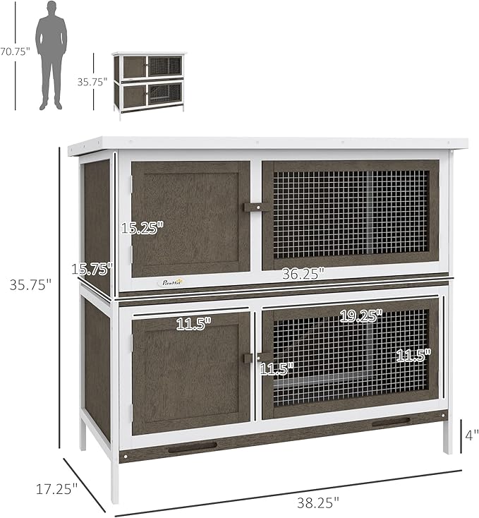 PawHut Wooden Bunny Rabbit Hutch, Small Animal Habitat with Ramp, Removable Tray & Weatherproof Roof, for Rabbits, Chickens, Ducks, Indoor/Outdoor, Brown