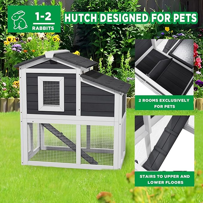 Bunny Cage Premium Rabbit Hutch with Leak-Proof Roof, 2-Story Bunny House for Guinea Pigs & Hamster,Wooden Chicken House with Deep Pull-Out Tray, Waterproof Chicken Coop for Outside