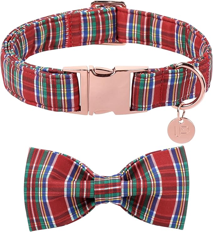 Christmas Plaid Dog Collar with Bow, Red and Blue Check Adjustable Pet Collar with Quick Release, Christmas Stripes Bowtie Collar for Small Medium Large Dogs XS