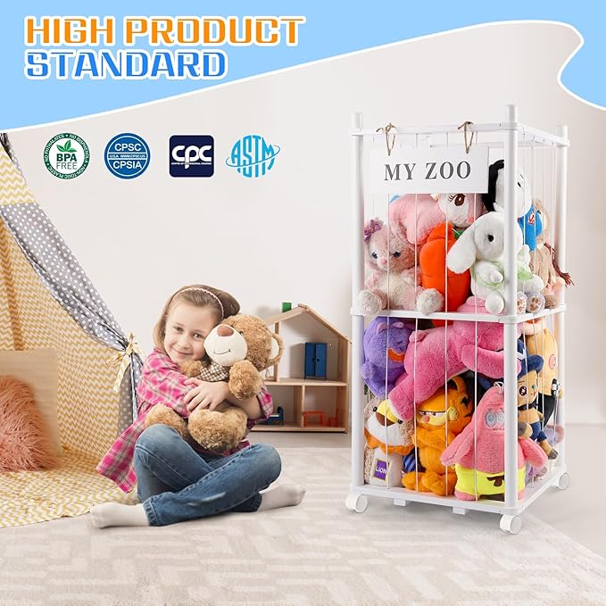 Stuffed Animal Storage Zoo with Wheels, Wooden Stuffed Animal Organizer with Elastic Cords, Space Saving Toy Plushies Storage Holder for Playroom, Bedroom, Living Room(White, Small)