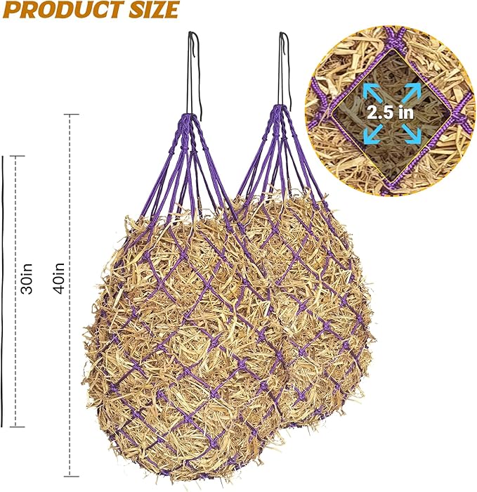 2PCS Hay Nets for Horses,2.36"x2.36" Holes 40”Horse Hay Feeder Net for Slower Feeding,Strong Load-Bearing Hay Bag Hanging for Horse Stable Trailer (Purple)