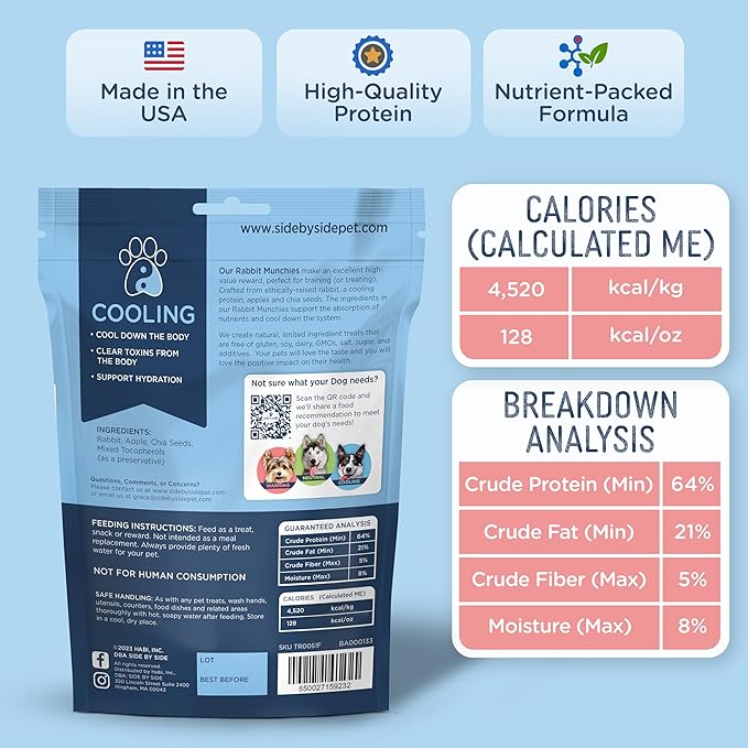 Side by Side Rabbit Munchies - Cooling Freeze-Dried Dog Treats - Ideal Dog Training Treats, Snack or Reward - Made of Whole Raw Ingredients, Free of Artificial Additives - USA Made (4oz., Pack of 2)