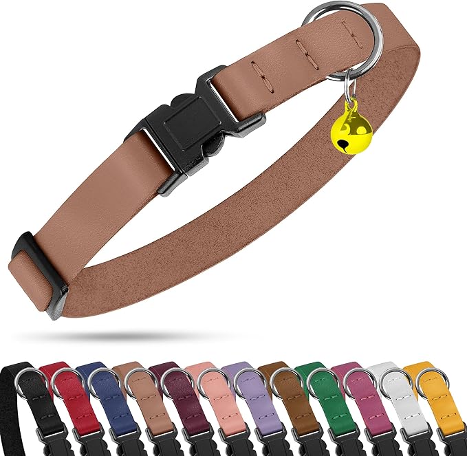 Breakaway Cat Collar with Bell - Leather Adjustable Kitten Collars with Safety Quick Release Buckle - Soft Small Pet Collars for Girl & Boy Cats (Mocha)