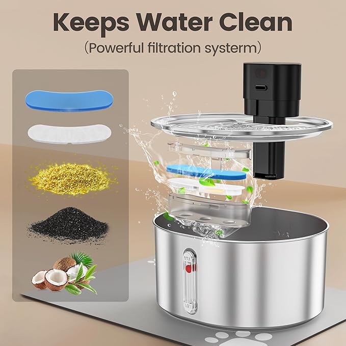 Virtulance No Pump Cat Water Fountain with 3 Filter - 3.2l/108oz Wireless Stainless Steel Pet Water Fountain, Cordless Automatic Dispenser, Battery Operated Fountain with Motion Sensor