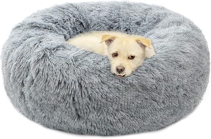 Calming Cat Bed, Soft Round Cuddler Dog Beds Fluffy Plush Faux Fur Pet Beds, Anit-Anxiety Self-Warming Comfy (20", Grey)