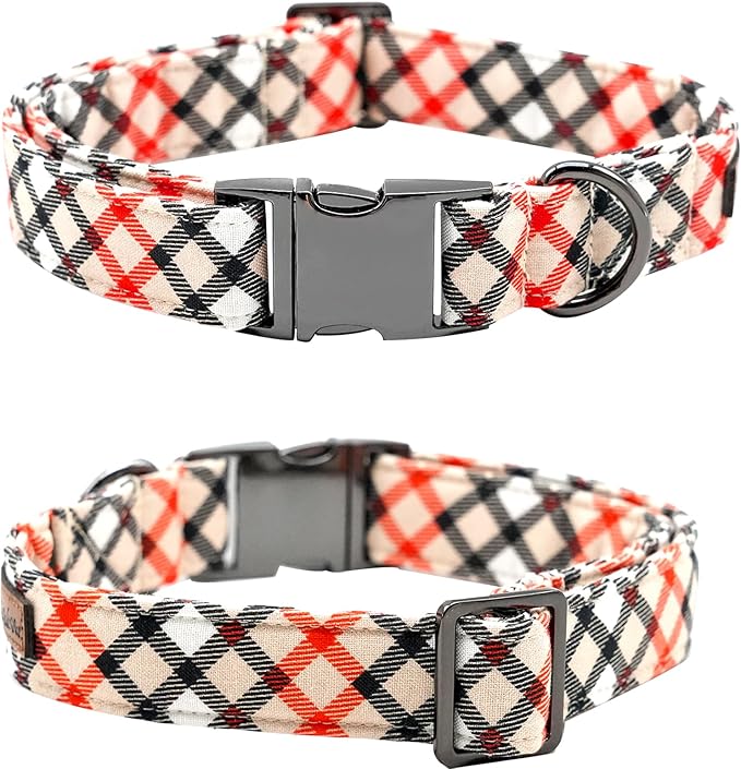 Dog Collar, Bow Dog Collar Beige Plaid Pet Collar Cute Pet Bow Soft Girl or Boy Puppy Collars with Metal Buckle Adjustable Collars for X-Small Dogs
