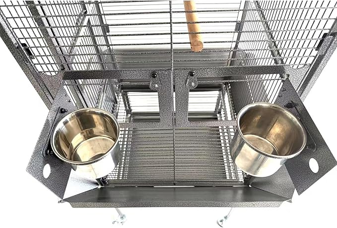 61" Cockatiel Cage, Flight Cage with Rolling Stand, Play Top & Bowls - Metal Large Bird Cages for Parakeets, Conures, Parrots - Exploding Silver